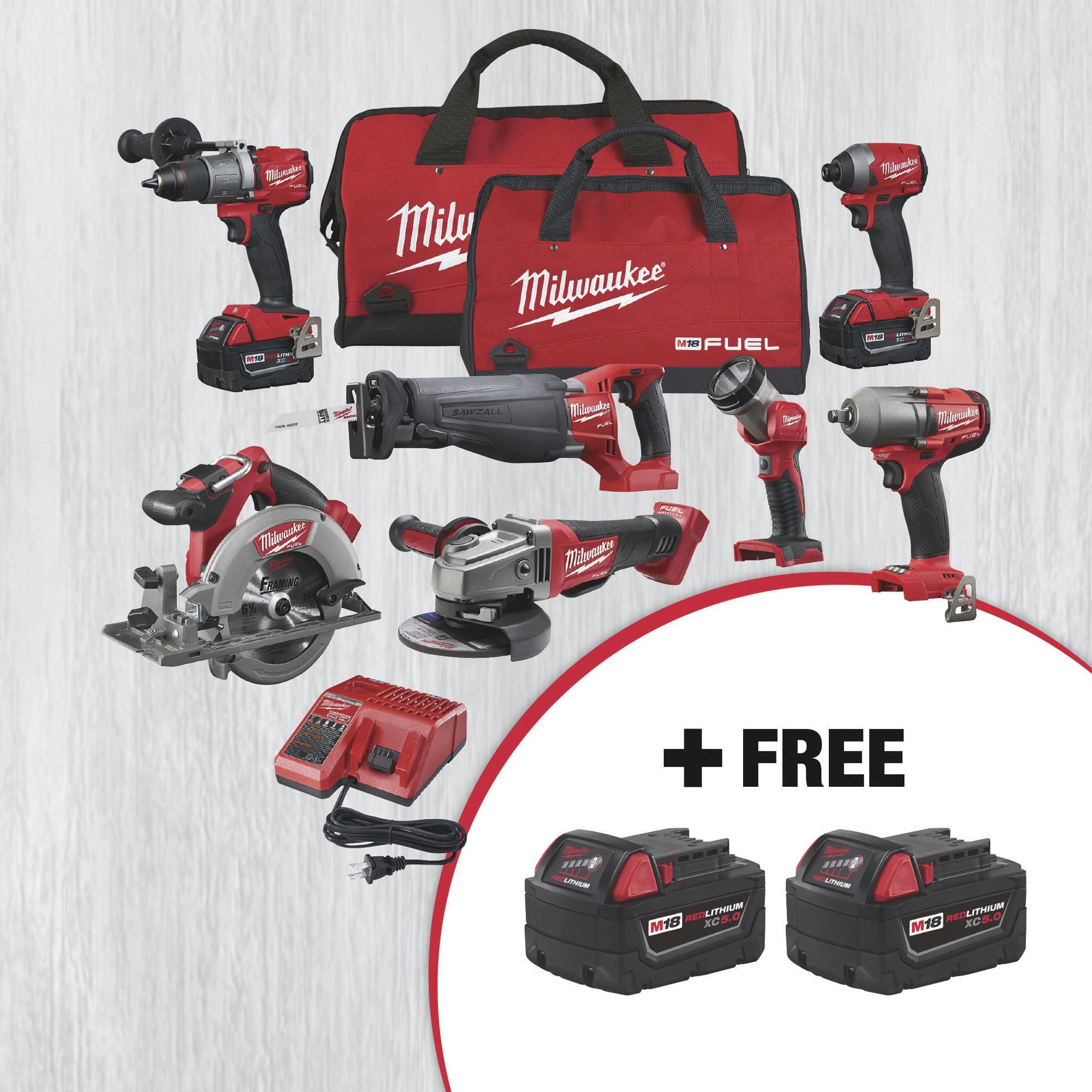 SPECIAL BUY! Milwaukee M18 FUEL 7-Tool Combo Kit With 2 FREE M18 REDLITHIUM XC5.0 Batteries